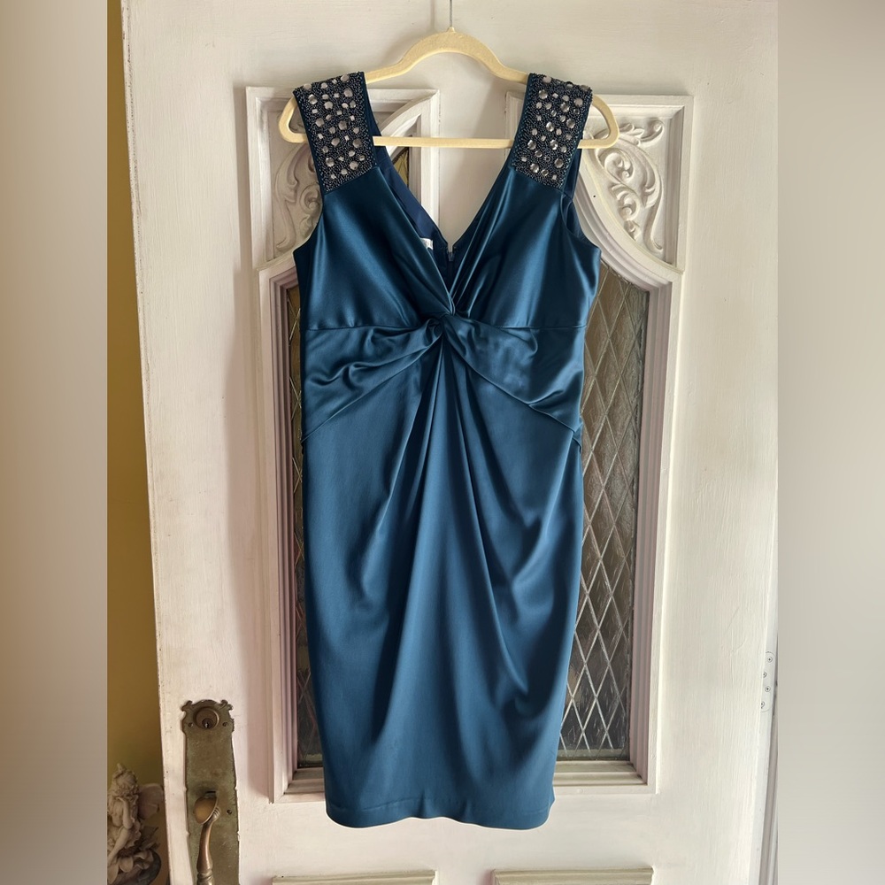 Maggy London evening dress with bejeweled shoulders sz 14 low cut neck n back